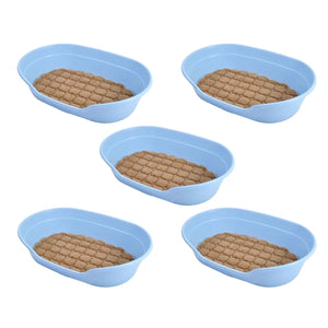 Five blue pet food dishes with brown pet food on a white background at Pet Servo