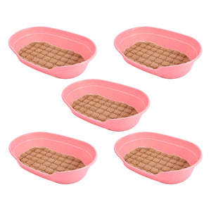 Five pink pet bowls with brown pet food on a white background at Pet Servo