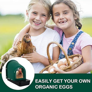 Two children holding a chicken and a basket of eggs with a green egg-laying machine inset at Pet Servo