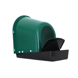 Green and black plastic animal shelter on a white background at Pet Servo