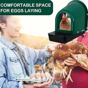 Person holding a chicken and eggs next to a green egg-laying machine with text 'Comfortable Space for Eggs Laying' at Pet Servo