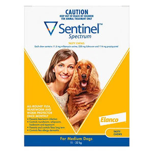 Box of Sentinel Spectrum yellow for medium dogs with a woman and dog on the label at petservo