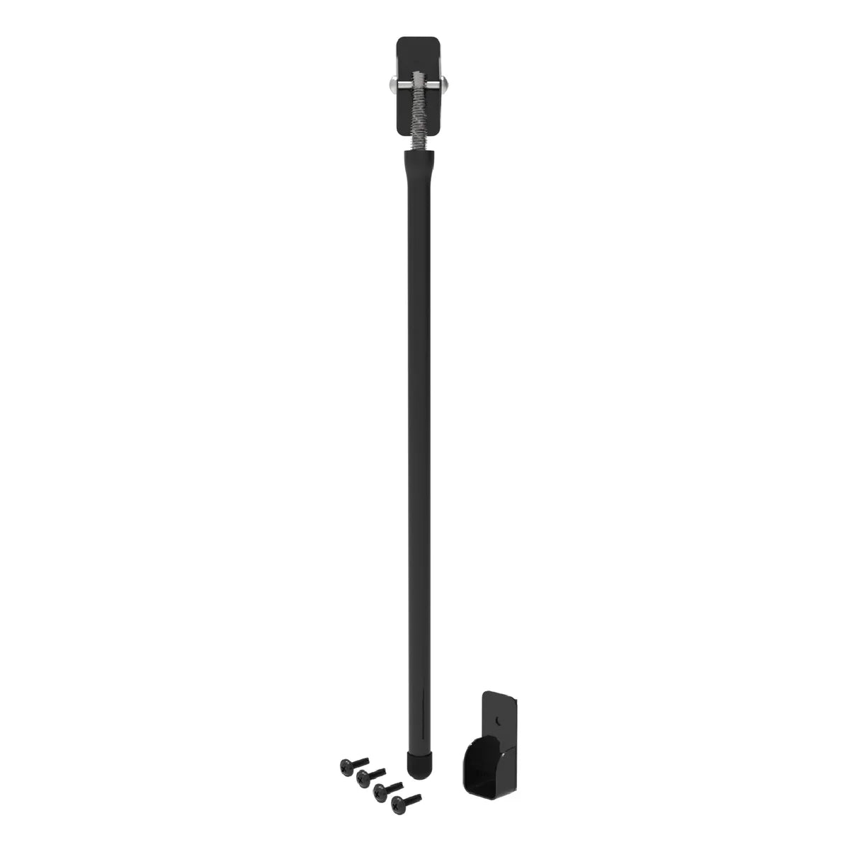 Black metal rod with adjustable bracket on a white background