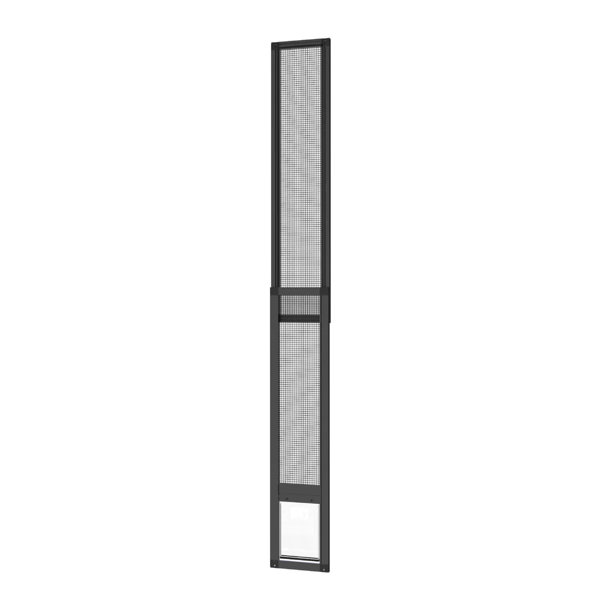 Tall vertical metal screen door on a white background