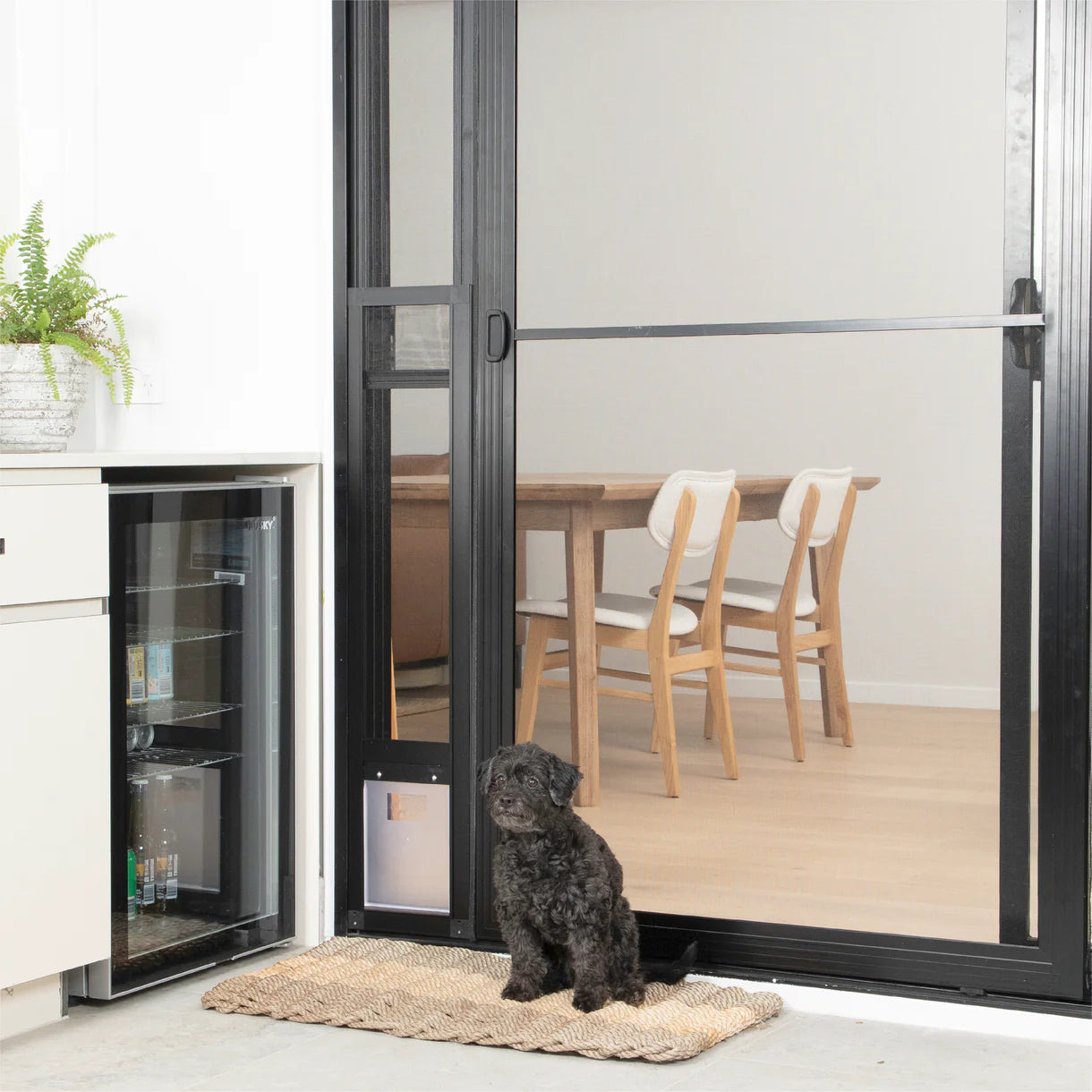 Dog sitting on a mat in front of an open glass door leading to a dining area at Pet Servo