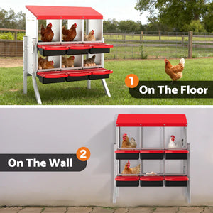 Chicken coop with two installation options: on the floor and on the wall, with chickens visible.