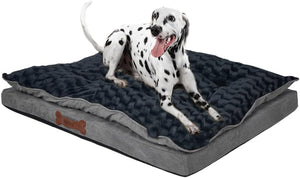 Dalmatian dog on a large gray and navy pet bed with a brown bone logo at Pet Servo