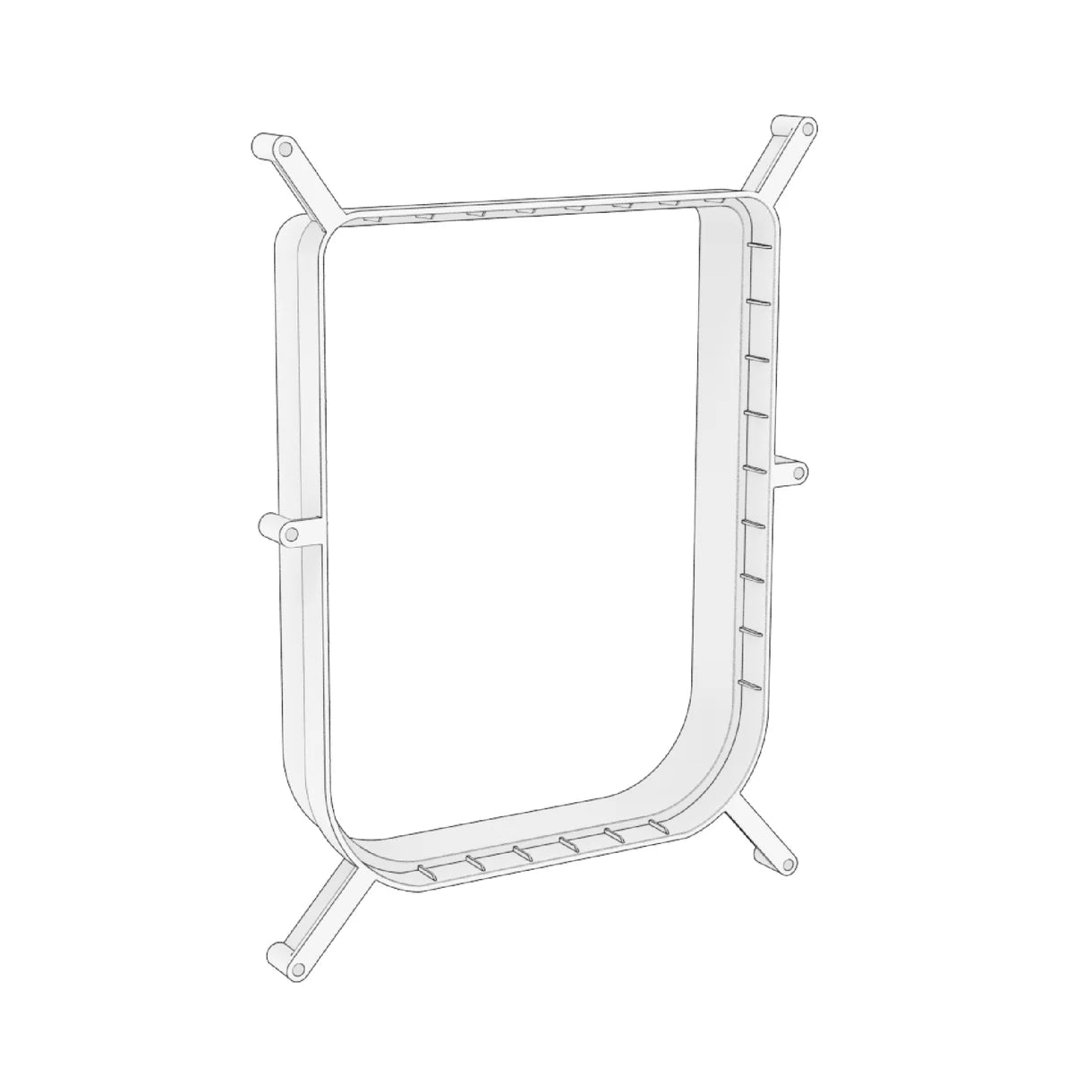 Outline of a rectangular metal frame with vertical and horizontal bars on a white background