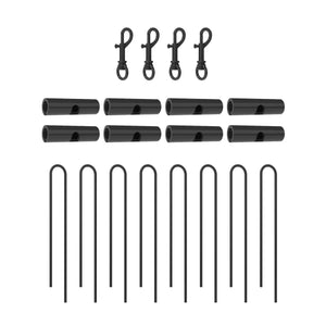 Set of black tent stakes and hooks on a white background