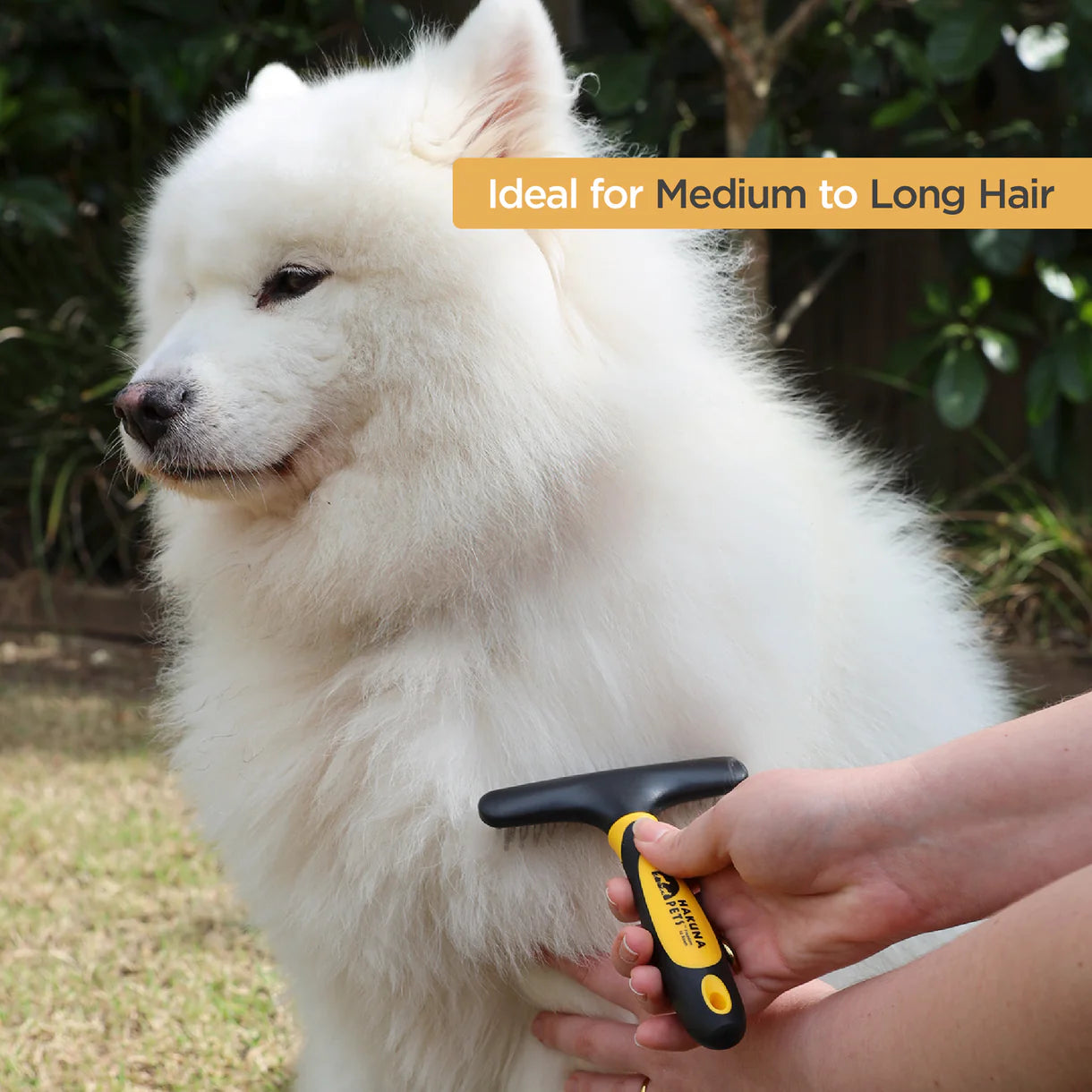White dog being groomed with a brush, with text 'Ideal for Medium to Long Hair' on a yellow banner.