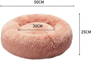 Pink round pet bed with measurements on a white background at Pet Servo