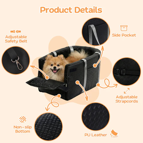 Pet car seat with features highlighted on a beige background at Pet Servo