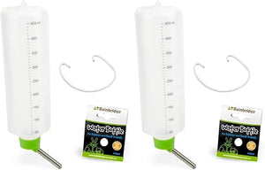 Two white water bottles with green bases and measurement markings, each accompanied by a 'Bainbridge' branded label at Pet Servo