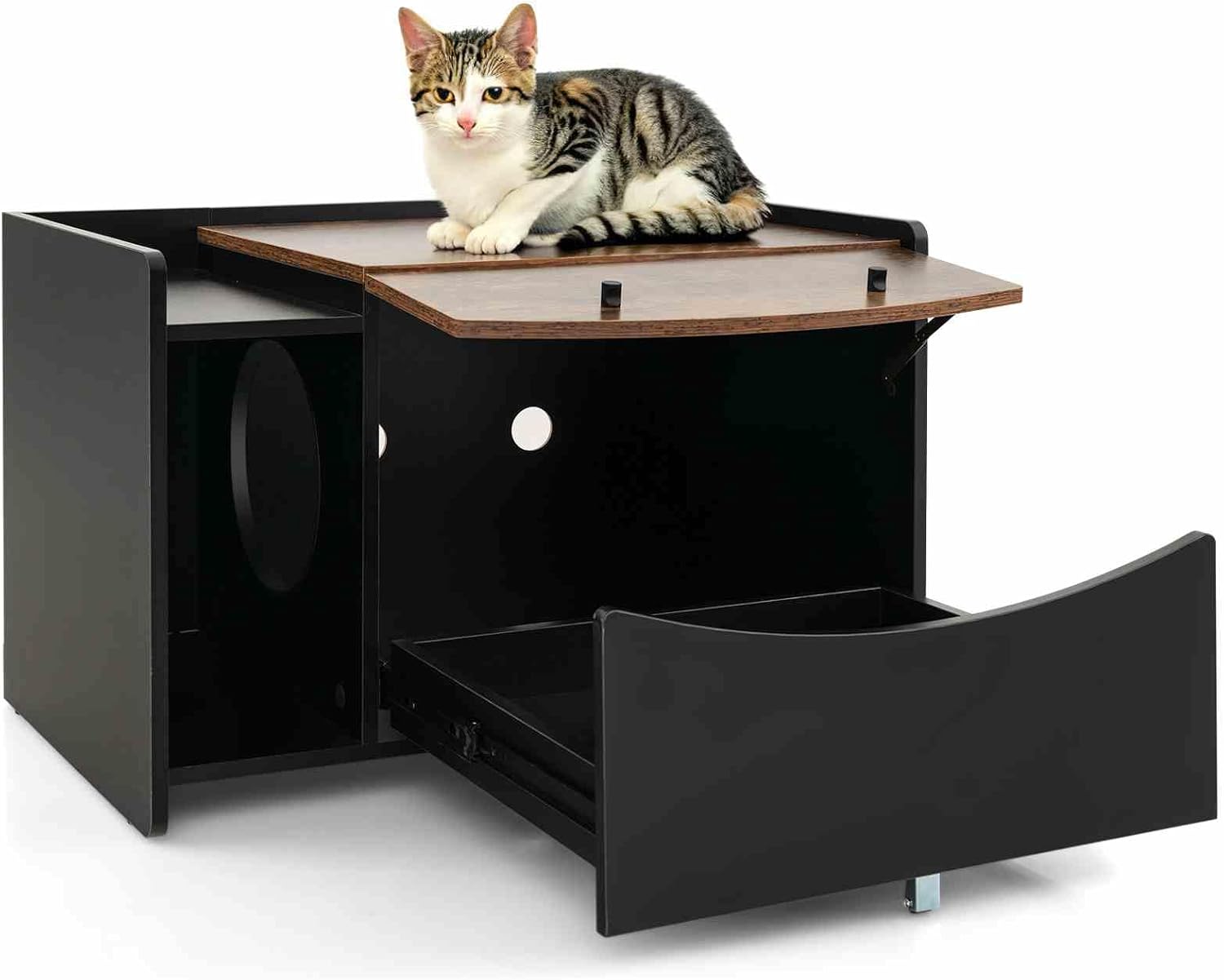Costway - Cat Litter Box Enclosure With Pull-Out Drawer, Rolling Caster, Flip Door, Hidden Toilet, Wooden Furniture for Kitten & Large Cat