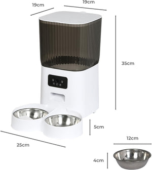 Automatic pet feeder and dual pet bowls shown with dimension lines and measurements on a white background at Pet Servo