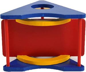 Colorful plastic corner playpen with red, blue, and yellow sections on a white background at Pet Servo