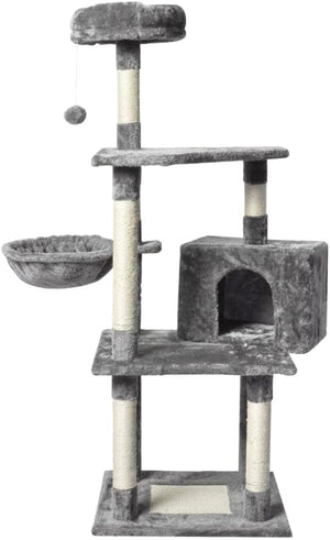 A multi-level cat tree with gray plush fabric, sisal-wrapped scratching posts, a hanging toy ball, a bed bowl, and a small, enclosed cat house, shown on a plain white background at Pet Servo