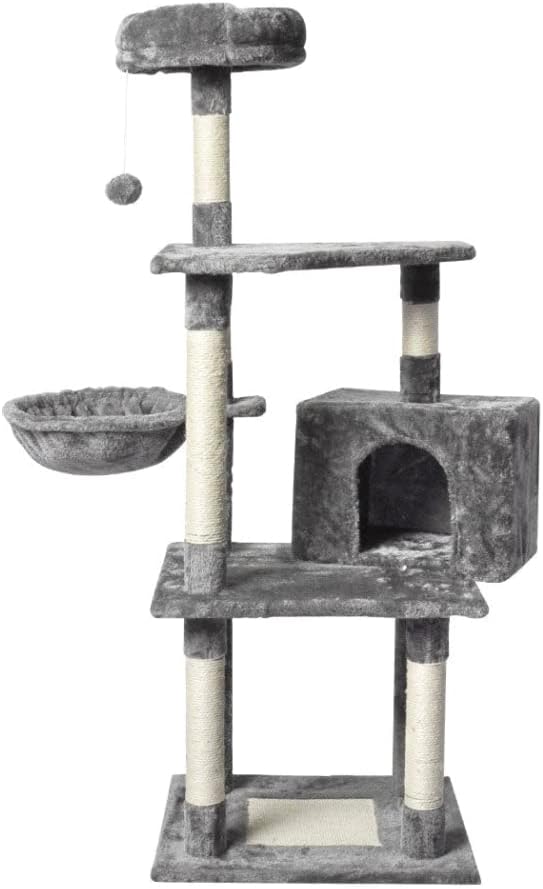 A multi-level cat tree with gray plush fabric, sisal-wrapped scratching posts, a hanging toy ball, a bed bowl, and a small, enclosed cat house, shown on a plain white background at Pet Servo