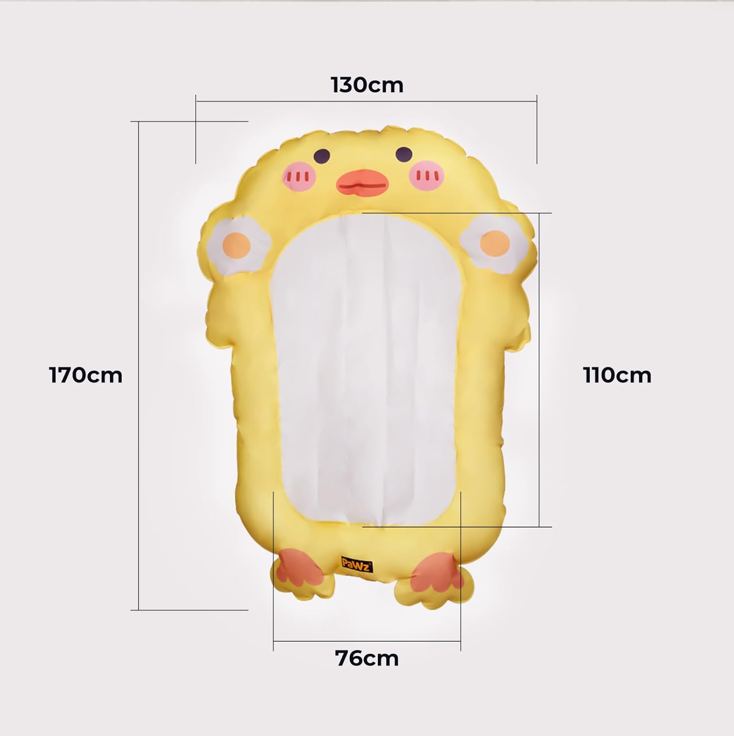 A yellow cartoon duck-shaped inflatable pool float with dimension labels showing 170cm height, 130cm width, 110cm side depth, and 76cm bottom depth on a light gray background at Pet Servo