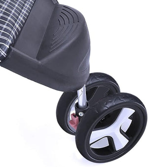 Close-up of a stroller or baby carriage wheel assembly with black tires, a silver metal axle, and a black plastic frame on a white background at Pet Servo