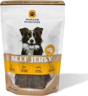A stand-up pouch of Murgon Munchies Beef Jerky dog treats, featuring a black and white border collie on the front, set against a clean white background.