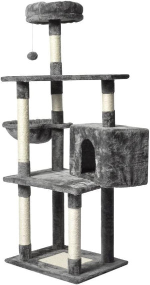 A multi-level cat tree with plush gray fabric platforms, sisal-wrapped scratching posts, a small enclosed cat bed, a hanging toy ball, and a top cushion, shown on a plain white background at Pet Servo