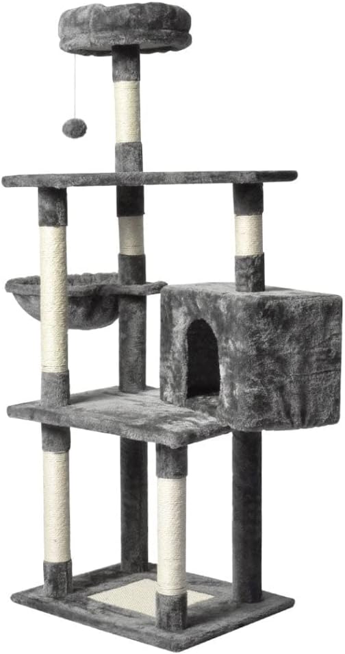 A multi-level cat tree with plush gray fabric platforms, sisal-wrapped scratching posts, a small enclosed cat bed, a hanging toy ball, and a top cushion, shown on a plain white background at Pet Servo