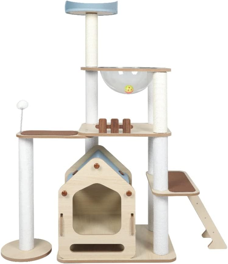 A multi-level wooden and sisal cat tree with a house-shaped den, climbing ladder, perch, and a clear hanging ball toy, shown on a plain white background at Pet Servo