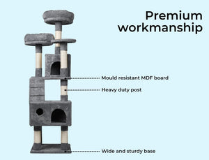 A gray and beige cat tree with text callouts reading 'Mould resistant MDF board', 'Heavy duty post', and 'Wide and sturdy base' on a light blue background, plus the headline 'Premium workmanship' at Pet Servo