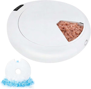 A white circular robotic pet feeder shown on a plain white background, with a small inset of a clear feeder insert and blue ice crystals below it. No person, animal, or real environment is present at Pet Servo
