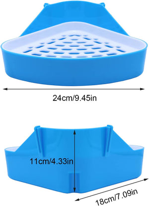 Blue corner pet litter tray with dimensions on a white background at Pet Servo