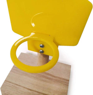 Yellow metal stand with a circular handle on a wooden block against a white background at Pet Servo