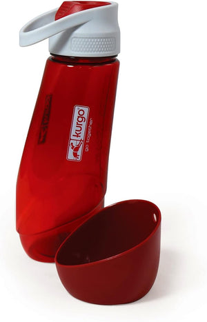 Red water bottle with white cap and Kukoo logo on a white background at Pet Servo