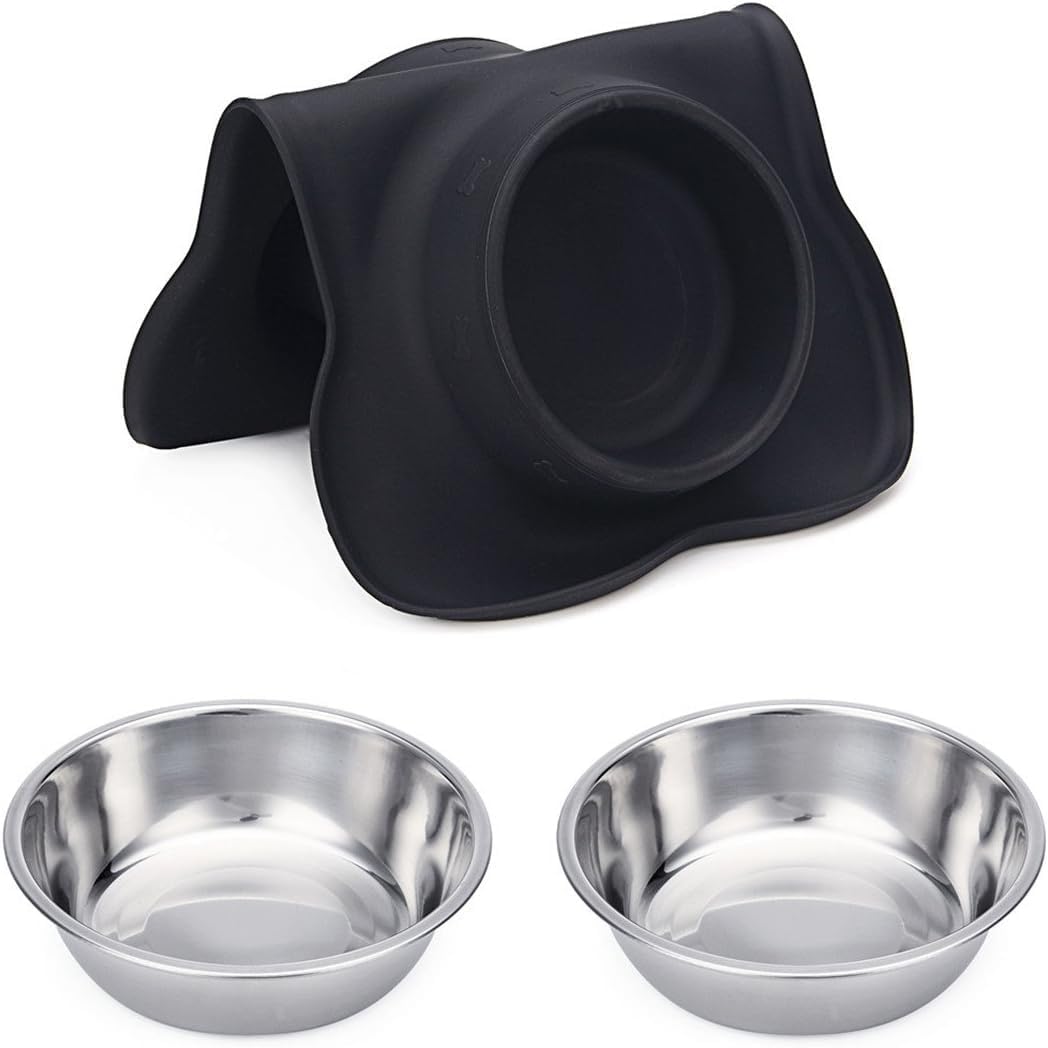 Black silicone pet bowl and two stainless steel bowls on a white background at Pet Servo