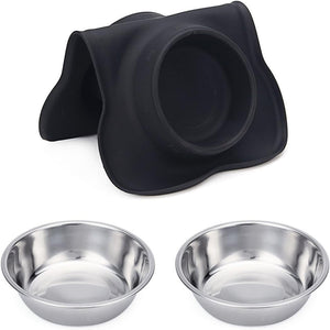 Black silicone pet bowl and two stainless steel bowls on a white background at Pet Servo