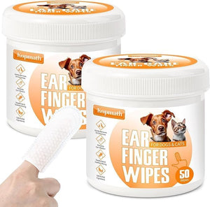 Two containers of Kepmath Ear Finger Wipes for dogs and cats, with a hand holding a wipe at Pet Servo