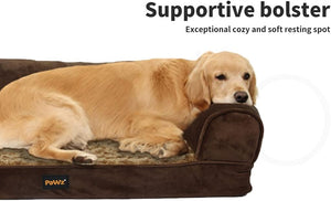 Dog lying on a brown dog bed with 'Pawz' branding, labeled as a 'Supportive bolster' at Pet Servo