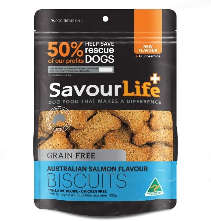 SavourLife dog food packaging for Australian Salmon Flavour Biscuits on a white background at Pet Servo