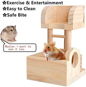Wooden hamster play area with text highlighting features like exercise, entertainment, ease of cleaning, and safety at Pet Servo