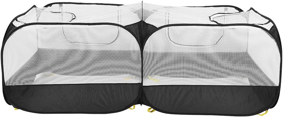 Black and white portable playpen with mesh sides on a plain background at Pet Servo