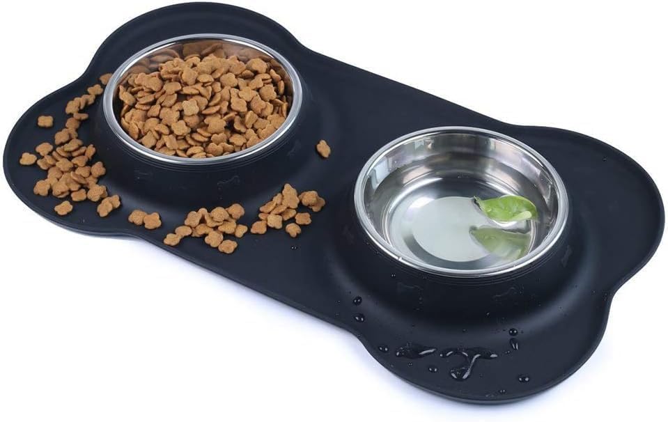 Pet feeding station with two bowls, one filled with kibble and the other with water, on a black mat at Pet Servo