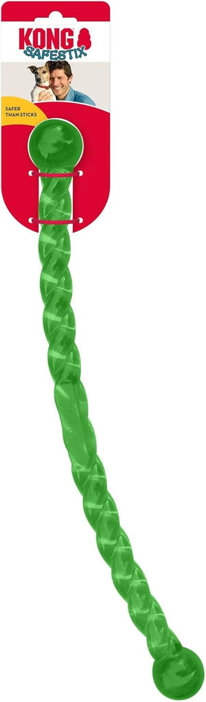 Kong Safety Stick green rubber dog toy with a twisted, snake-like design and a ball end, shown on its original red and white packaging card against a white background at Pet Servo