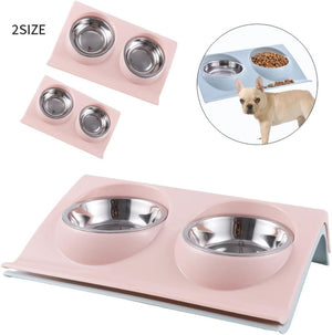 Pink elevated pet feeder and waterer with two stainless steel bowls, shown on a white background with inset views including a small dog using it and alternative angles at Pet Servo
