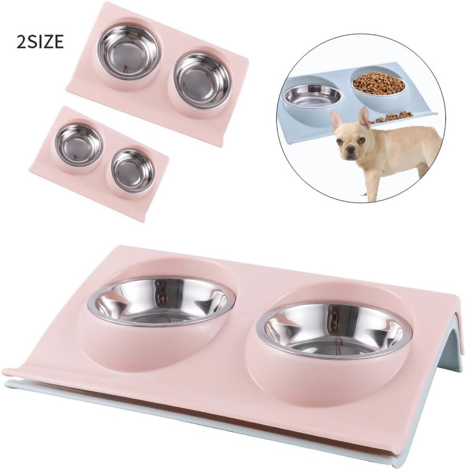 Pink elevated pet feeder and waterer with two stainless steel bowls, shown on a white background with inset views including a small dog using it and alternative angles at Pet Servo