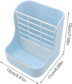 Blue pet litter box with white grid design and dimensions indicated at Pet Servo