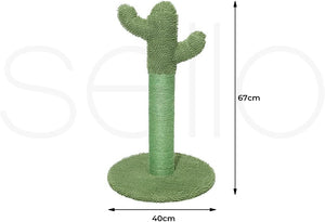 Green cat scratcher shaped like a cactus with dimensions on a white background at Pet Servo