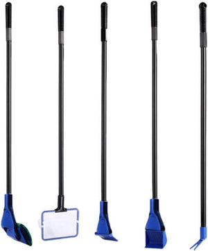 Set of five cleaning tools with long handles and blue ends on a white background at Pet Servo