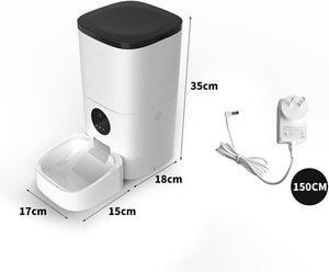 White pet feeder with black top, dimensions indicated, and power adapter shown on a white background at Pet Servo