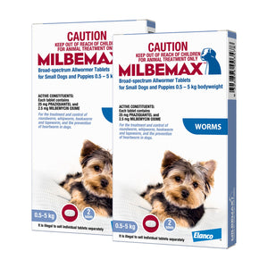 Two boxes with 4 tablets of Milbemax for small dogs and puppies on a white background at Pet Servo