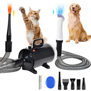 Pet grooming dryer with attachments and two pets on a white background at Pet Servo